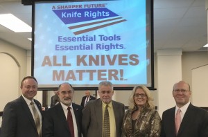 The Kentucky Legislative Sportsmen’s Caucus held its first meeting of the 2016 Legislative Session this week in Frankfort. Pictured left to right are: Daniel Hall, NRA representative; Doug Ritter, Chairman of Knife Rights, Inc., Rep. Tommy Turner, R-Somerset; Senator Robin Webb, D-Grayson, and Todd Rathner, Knife Rights, Inc. Director of Legislative Affairs. 
