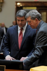 Senate Democratic Floor Leader Ray S. Jones II (left), D-Pikeville, discusses legislation with Senator Dorsey Ridley, D-Henderson, during the opening day of the Regular Session of the 2016 Kentucky General Assembly in the Kentucky State Senate.