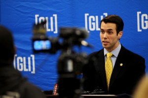 Sen. Morgan McGarvey, D-Louisville, speaks at a press conference in behalf of his co-filed gaming amendment ballot measure.