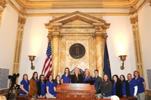 The Carter County Youth Leadership went to Frankfort Wednesday to see firsthand the legislative process in action. The juniors from East and West Carter high schools met with Senator Robin Webb, D-Grayson. Shown with Senator Webb in the Senate Chambers are, Olivia Caldwell, Alexus Tussey, Karilee Knipp, Taelyn Edison, Layken Stone, Ashley Wilson, Erika Fraley, Ryan Rhodes, Makendra Burton, Cody Maddix and Mariah Isaac, and sponsors Shelly Steiner and Pam Kouns.