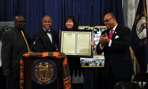 Dr. Carolyn Dupont was presented framed House and Senate Resolutions to recognize the efforts of her and the other 71 professors who requested that the Jefferson Davis statute be removed from the Capitol Rotunda to a more suitable historical place. We honored them with House and Senate Resolutions. From left to right are Rep. George Brown Jr., D-Lexington, Senator Gerald Neal, D-Louisville, Dr. Dupont, and Senator Reggie Thomas, D-Lexington.