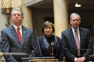 Senator Dorsey Ridley, D-Henderson (left), honored Madisonville Community College President Dr. Judith L. Rhoads (center) on the occasion of her pending retirement on the floor of the Kentucky State Senate. Dr. Rhoads, who is the wife of former state Senator Jerry P. Rhoads, has served as President and Chief Executive Officer of MCC since July 1, 1998.