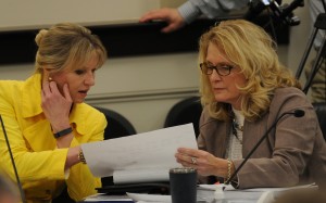 Senator Robin Webb, D-Grayson, (right) confers with Laurie Dudgeon, director of Administrative Office of the Courts, during the budget conference committee meetings during the last week of March in Frankfort. Senator Webb was selected by the Senate Majority Leadership to serve on the committee to iron out the differences in the Senate and House spending proposals. Senator Webb has worked on numerous budgets as a member of the Senate Appropriations and Revenue Committee and as former vice chair of the House budget committees.