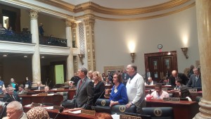 Joining Senator Dorsey Ridley, D-Henderson, on the Senate floor today to honor the late Judge Executive Donald “Hugh” McCormick Jr. was his wife, Tina McCormick, and his uncle and aunt, Mr. and Mrs. Jim Biggs.