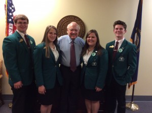 Senator Julian M. Carroll, D-Frankfort, met with the Kentucky State 4-H officers on March 23 during 4-H Day at the Capitol. From left to right are Calvin Andries of Lawrenceburg, president; MacKenzie Jones of Frankfort, vice president, Senator Carroll; Amelia Iliohan of Hopkins County, secretary, and Klernan Comer of Mt. Sterling, treasurer.
