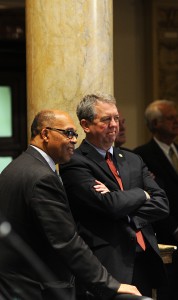 Sen. Reginald Thomas, D-Lexington (left), and Sen. Dorsey Ridley, D-Henderson, follow proceedings in the Kentucky Senate. The two are not only colleagues in the Kentucky Senate, but Sen. Thomas is a native of Union County, which Senator Ridley represents.